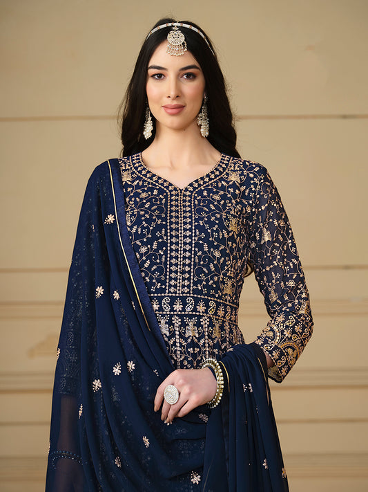 Navy Blue Faux Georgette Embroidered Anarkali Salwar Suit - Monjolika Fashion