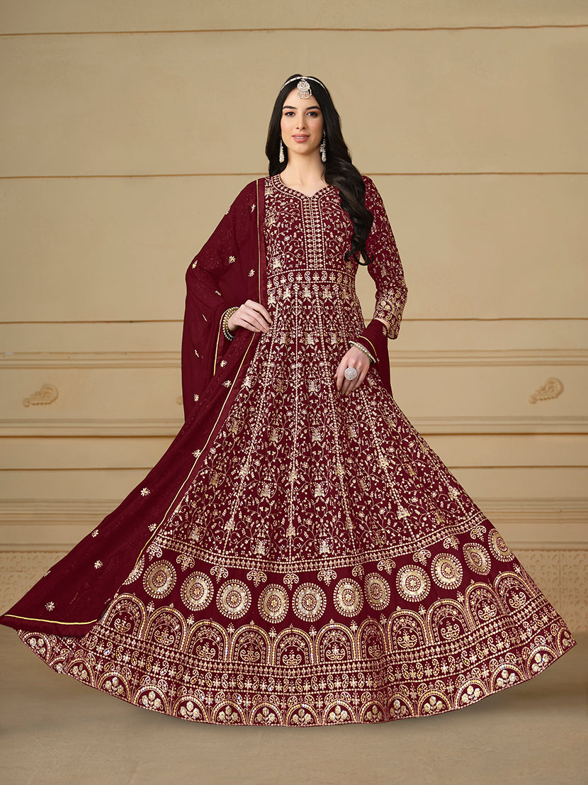 Maroon Faux Georgette Embroidered Anarkali Salwar Suit - Monjolika Fashion Maroon Faux Georgette Embroidered Anarkali Salwar Suit - Monjolika Fashion