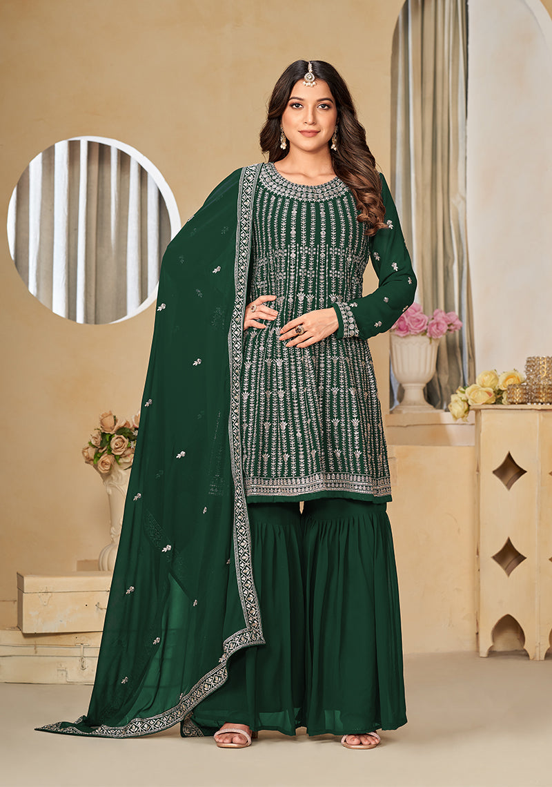 Green Faux Georgette Embroidered Designer Sharara Suit - Monjolika Fashion Green Faux Georgette Embroidered Designer Sharara Suit - Monjolika Fashion