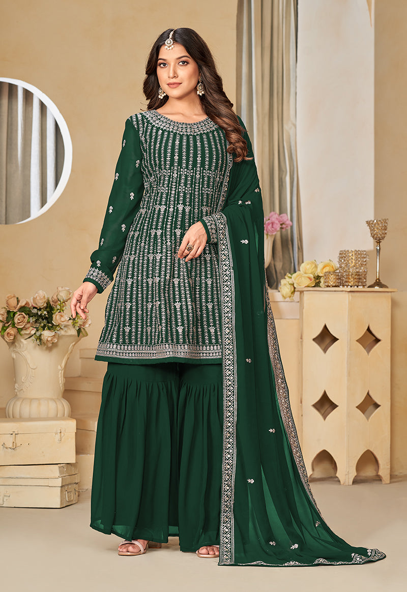 Green Faux Georgette Embroidered Designer Sharara Suit - Monjolika Fashion Green Faux Georgette Embroidered Designer Sharara Suit - Monjolika Fashion