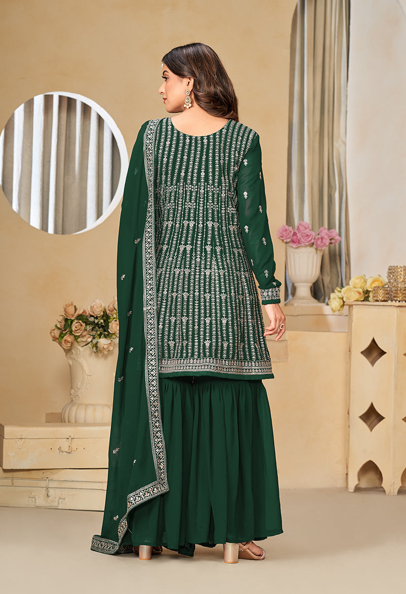 Green Faux Georgette Embroidered Designer Sharara Suit - Monjolika Fashion Green Faux Georgette Embroidered Designer Sharara Suit - Monjolika Fashion