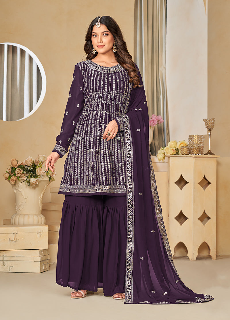 Purple Faux Georgette Embroidered Designer Sharara Suit - Monjolika Fashion Purple Faux Georgette Embroidered Designer Sharara Suit - Monjolika Fashion