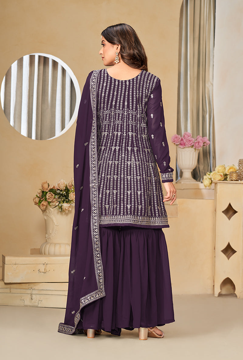 Purple Faux Georgette Embroidered Designer Sharara Suit - Monjolika Fashion Purple Faux Georgette Embroidered Designer Sharara Suit - Monjolika Fashion