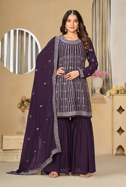 Purple Faux Georgette Embroidered Designer Sharara Suit - Monjolika Fashion