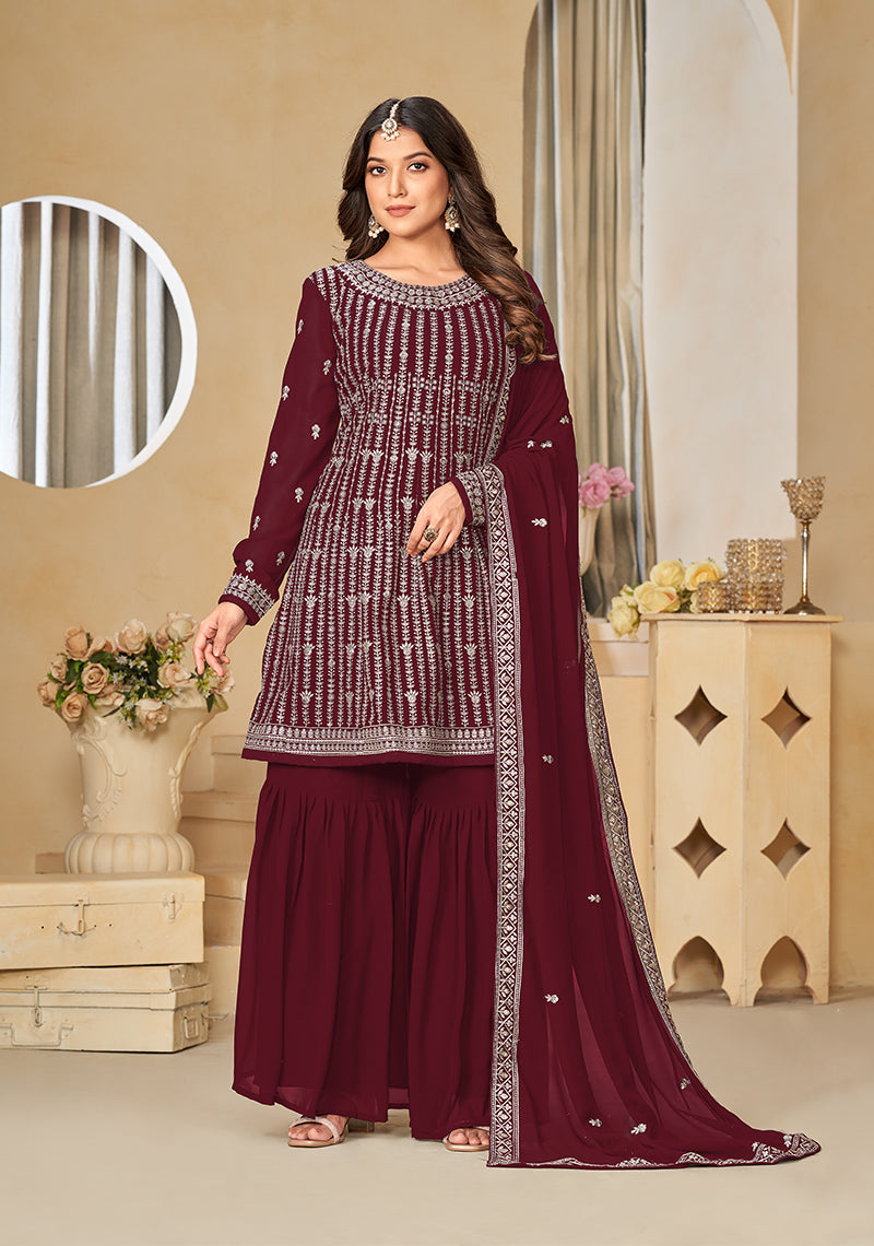 Maroon Faux Georgette Embroidered Designer Sharara Suit - Monjolika Fashion Maroon Faux Georgette Embroidered Designer Sharara Suit - Monjolika Fashion