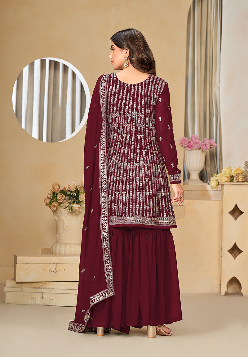 Maroon Faux Georgette Embroidered Designer Sharara Suit - Monjolika Fashion Maroon Faux Georgette Embroidered Designer Sharara Suit - Monjolika Fashion