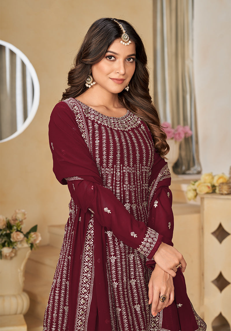 Maroon Faux Georgette Embroidered Designer Sharara Suit - Monjolika Fashion Maroon Faux Georgette Embroidered Designer Sharara Suit - Monjolika Fashion