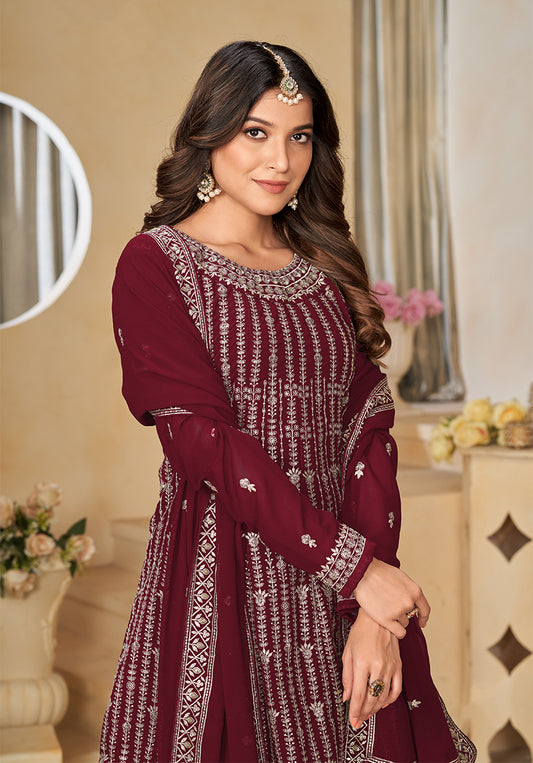 Maroon Faux Georgette Embroidered Designer Sharara Suit - Monjolika Fashion