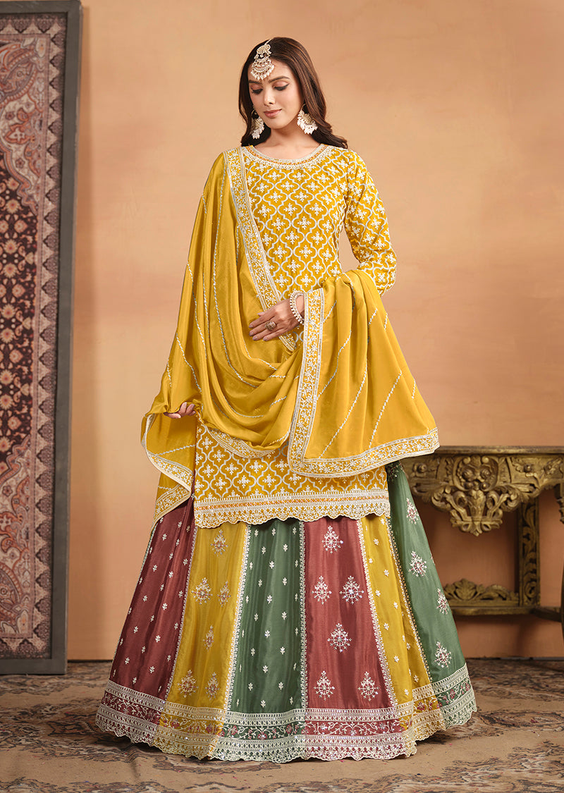 Mustard Chinon Silk Embroidered Ethnic Lehenga Suit - Monjolika Fashion Mustard Chinon Silk Embroidered Ethnic Lehenga Suit - Monjolika Fashion