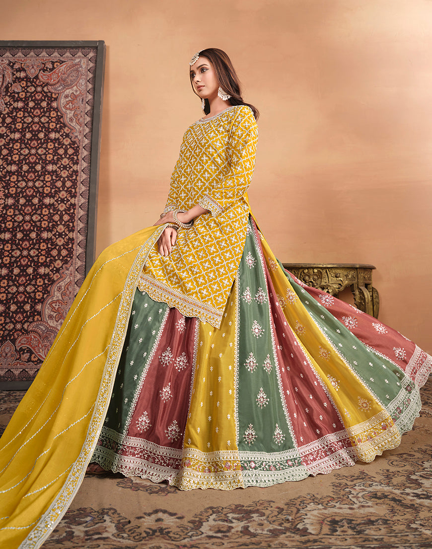 Mustard Chinon Silk Embroidered Ethnic Lehenga Suit - Monjolika Fashion Mustard Chinon Silk Embroidered Ethnic Lehenga Suit - Monjolika Fashion