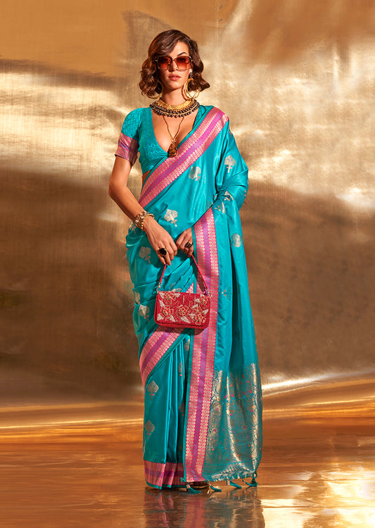 Cyan Blue Banarasi Satin Silk Zari Woven Designer Saree