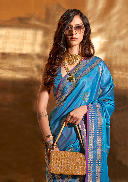 Cobalt Blue Banarasi Satin Silk Zari Woven Designer Saree