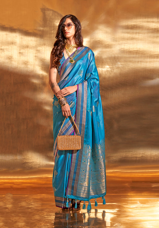 Cobalt Blue Banarasi Satin Silk Zari Woven Designer Saree