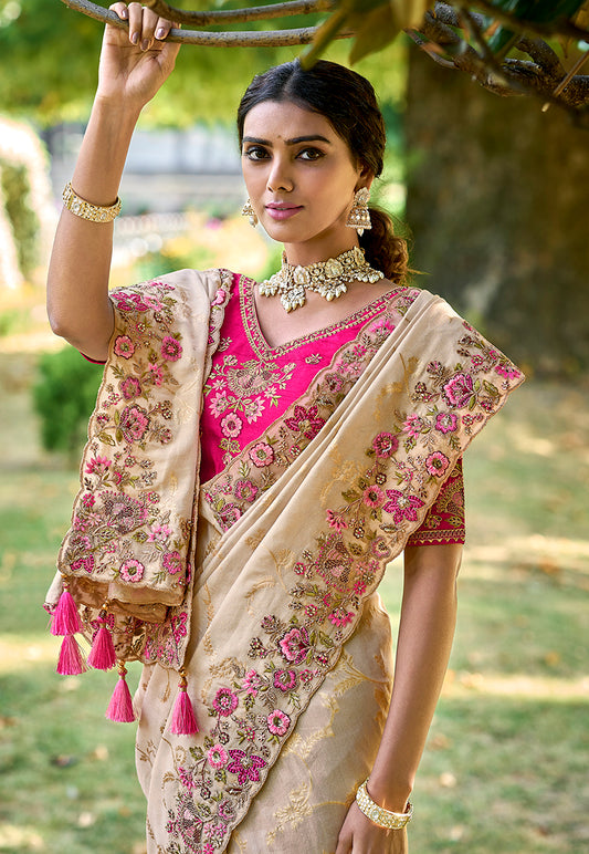 Cream Banarasi Silk Embroidered Woven Saree with Blouse