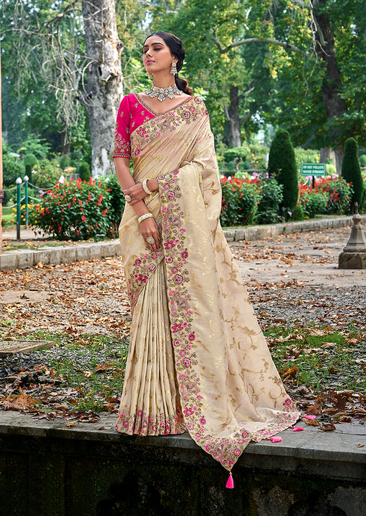 Cream Banarasi Silk Embroidered Woven Saree with Blouse
