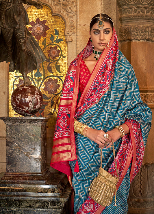 Blue Silk Patola Print Work Saree