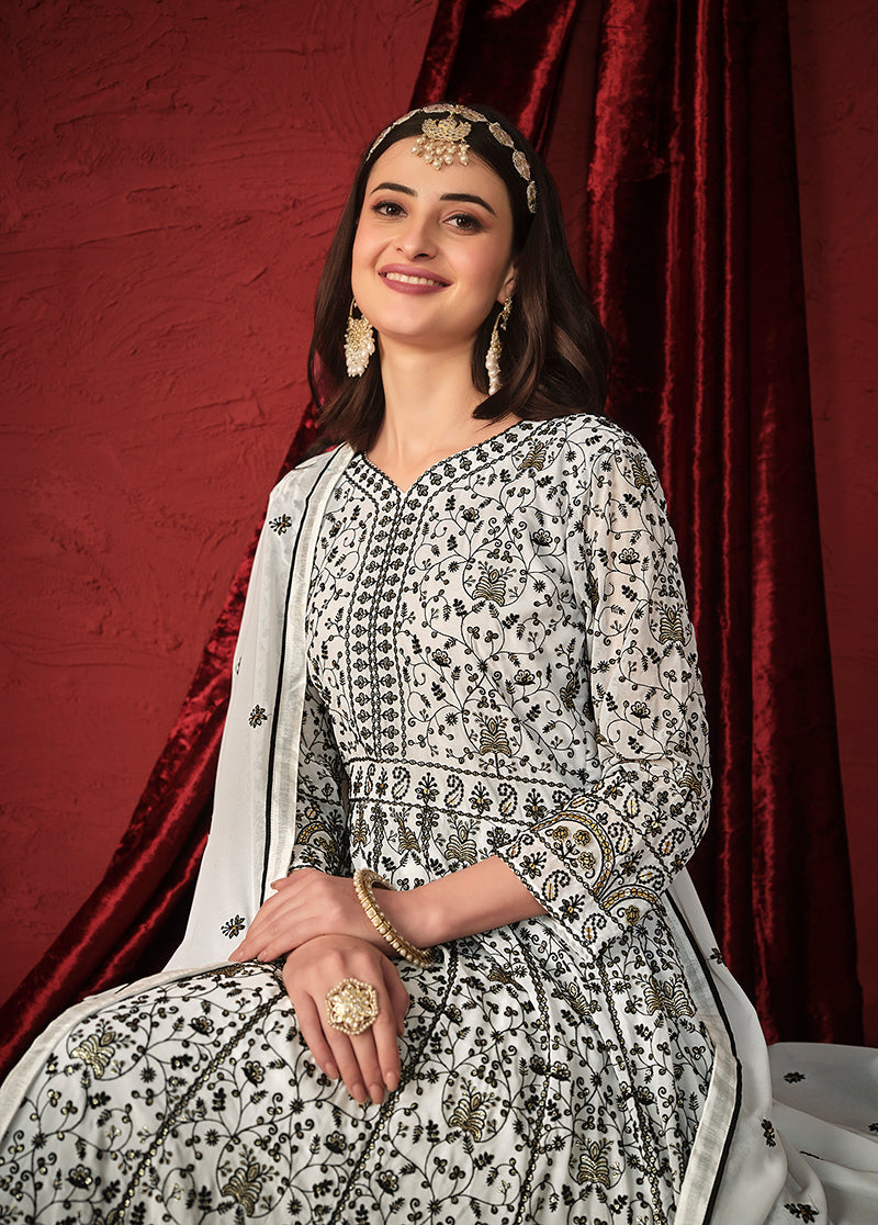 Off white Georgette Embroidered Traditional Anarkali Suit - Monjolika Fashion Off white Georgette Embroidered Traditional Anarkali Suit - Monjolika Fashion