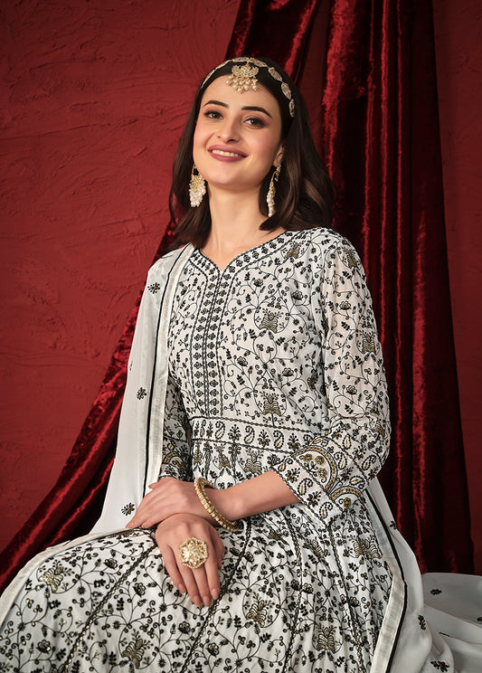 Off white Georgette Embroidered Traditional Anarkali Suit - Monjolika Fashion