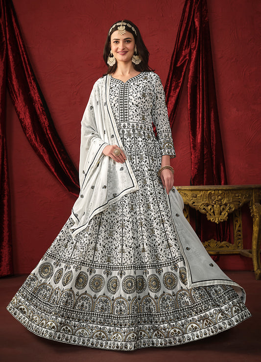 Off white Georgette Embroidered Traditional Anarkali Suit - Monjolika Fashion
