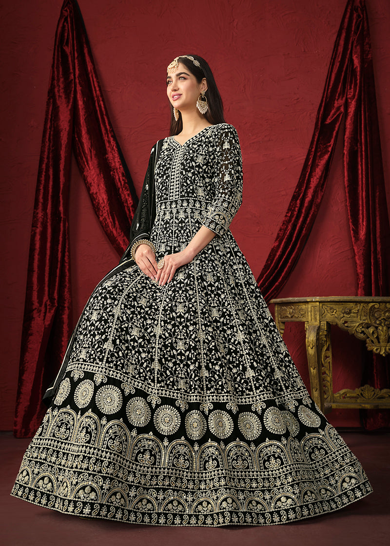 Black Georgette Embroidered Traditionally Anarkai Suit - Monjolika Fashion Black Georgette Embroidered Traditionally Anarkai Suit - Monjolika Fashion
