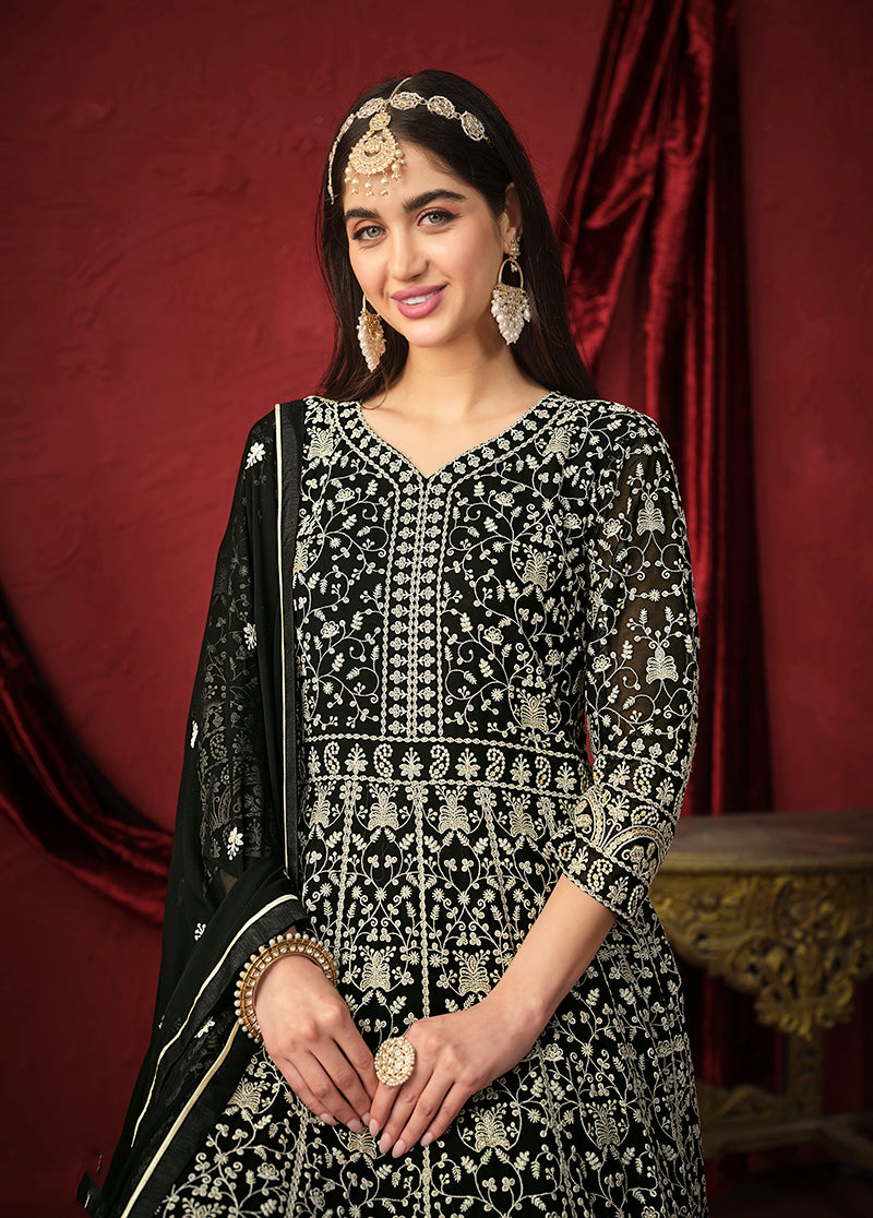 Black Georgette Embroidered Traditionally Anarkai Suit - Monjolika Fashion Black Georgette Embroidered Traditionally Anarkai Suit - Monjolika Fashion