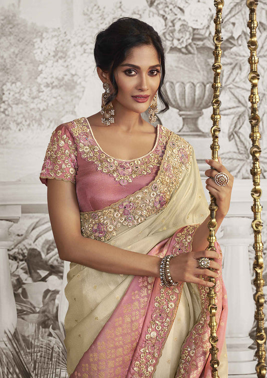 Cream And Pink Dola Viscose Silk Embroidered Sequins Work Saree