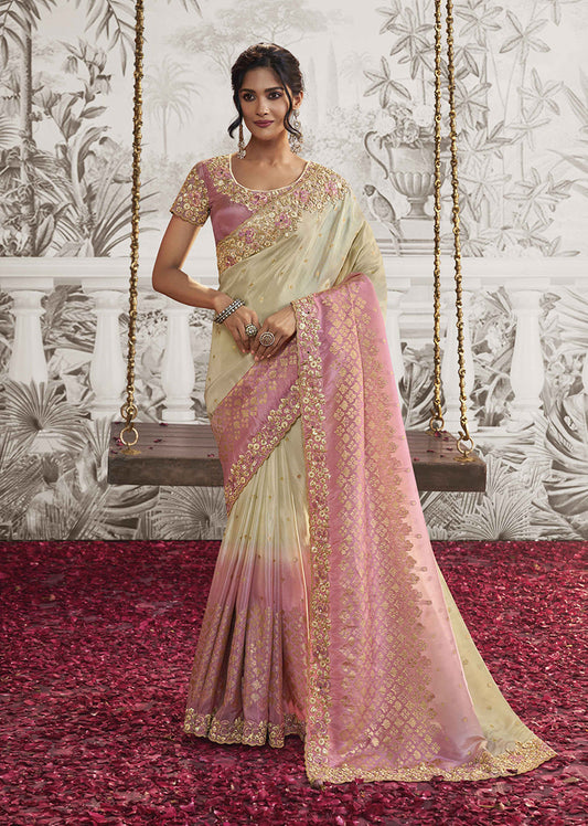 Cream And Pink Dola Viscose Silk Embroidered Sequins Work Saree