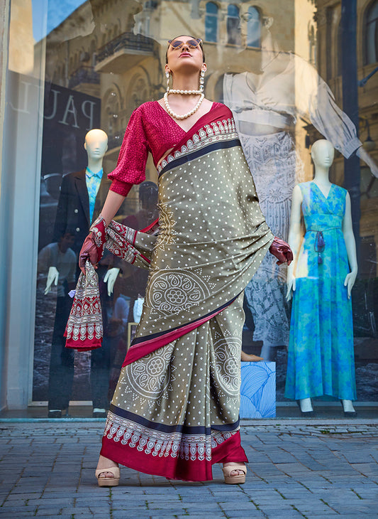 Copper Satin Silk Lightweight Saree with Modern Prints