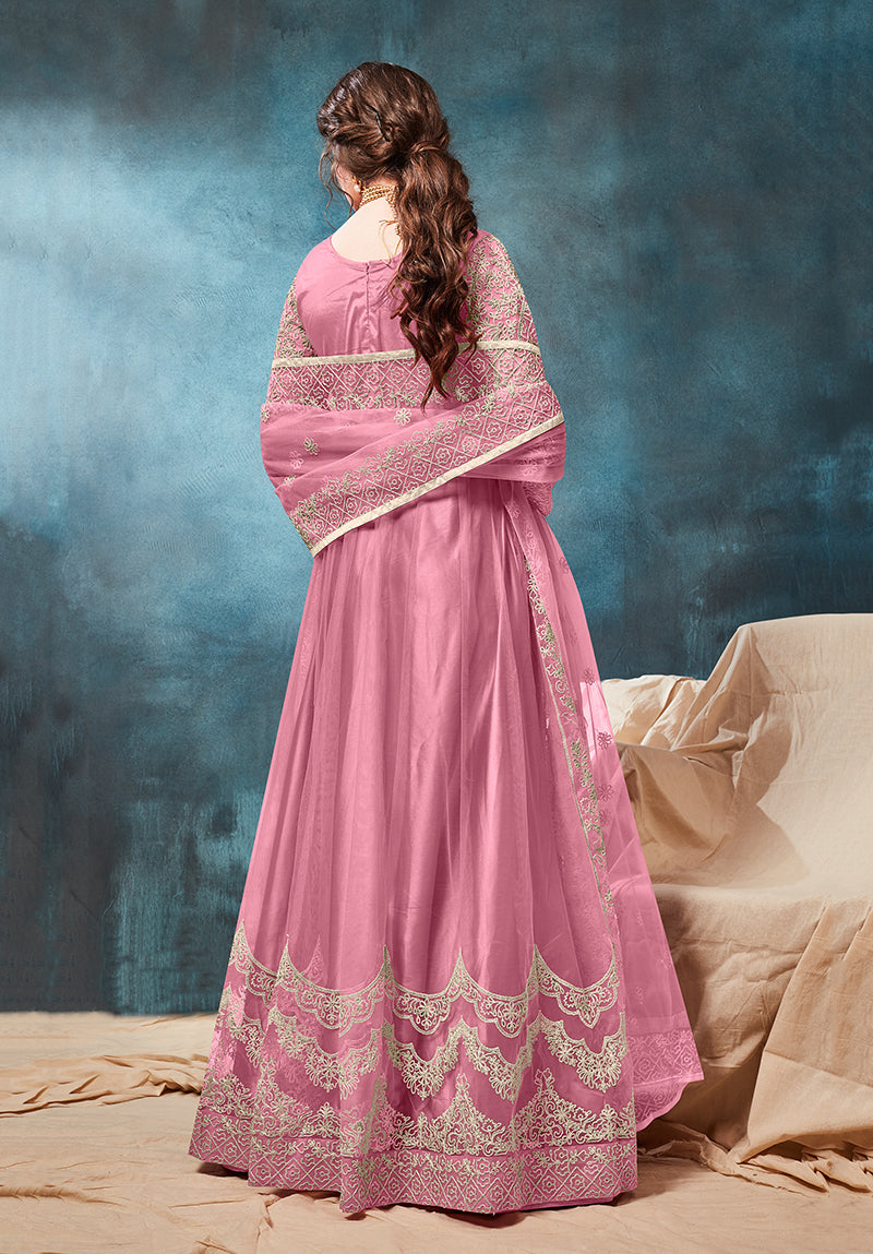 Baby Pink Net Zari Thread Floor Length Anarkali Suit - Monjolika Fashion Baby Pink Net Zari Thread Floor Length Anarkali Suit - Monjolika Fashion