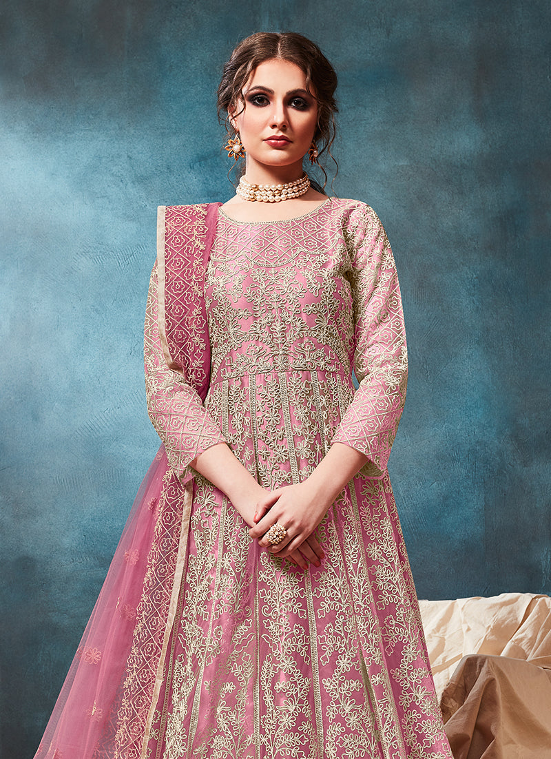 Baby Pink Net Zari Thread Floor Length Anarkali Suit - Monjolika Fashion Baby Pink Net Zari Thread Floor Length Anarkali Suit - Monjolika Fashion
