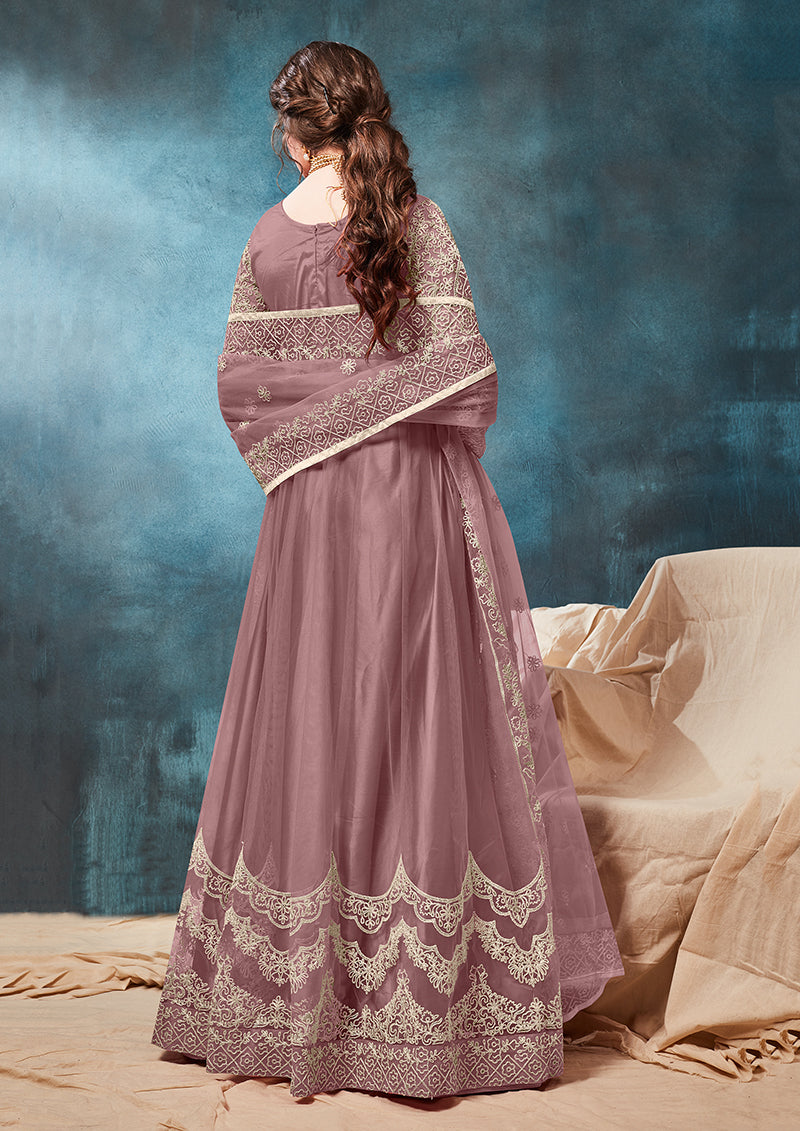 Mauve Net Zari Thread Floor Length Anarkali Suit - Monjolika Fashion Mauve Net Zari Thread Floor Length Anarkali Suit - Monjolika Fashion
