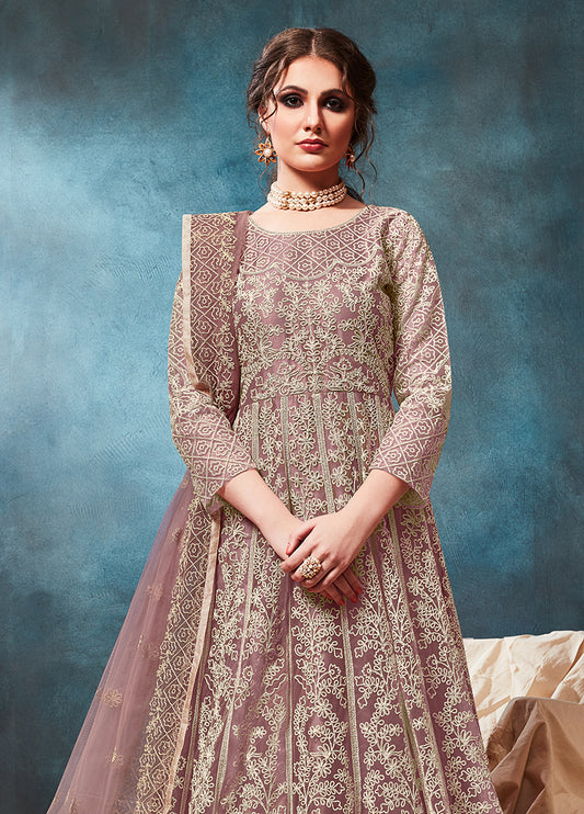 Mauve Net Zari Thread Floor Length Anarkali Suit - Monjolika Fashion
