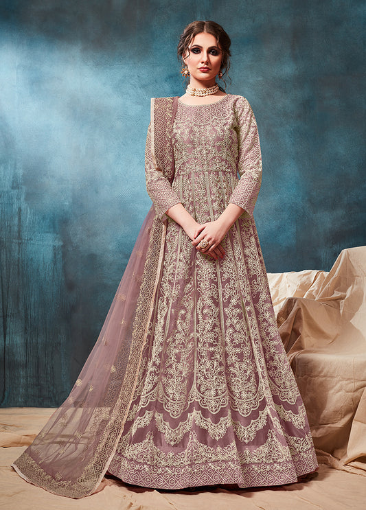 Mauve Net Zari Thread Floor Length Anarkali Suit - Monjolika Fashion