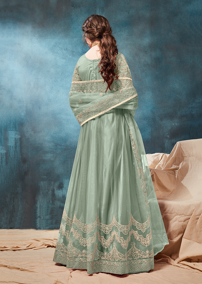 Sea Green Net Zari Thread Floor length Anarkali suit - Monjolika Fashion Sea Green Net Zari Thread Floor length Anarkali suit - Monjolika Fashion