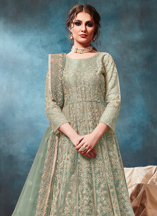 Sea Green Net Zari Thread Floor length Anarkali suit - Monjolika Fashion
