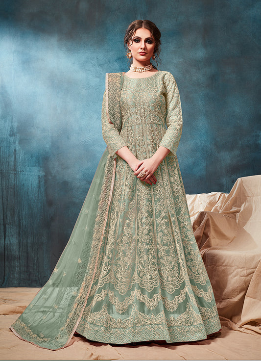 Sea Green Net Zari Thread Floor length Anarkali suit - Monjolika Fashion
