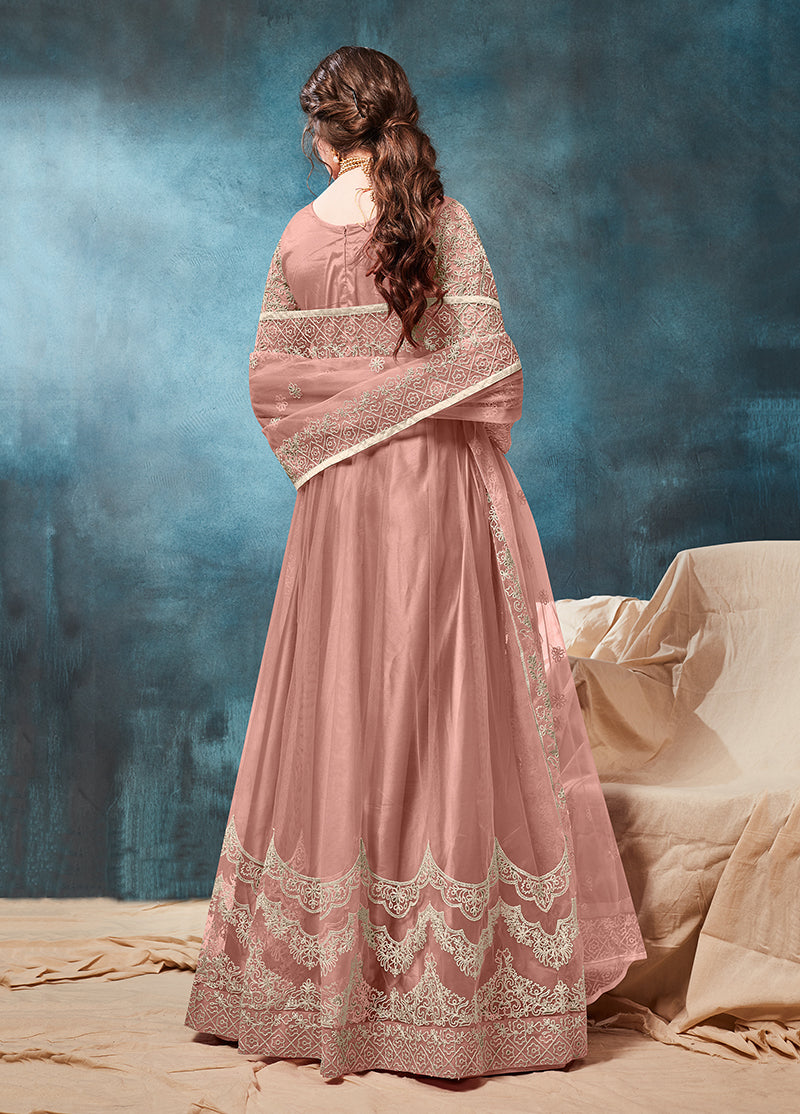 Peach Net Zari Thread Work Floor Length Anarkali Suit - Monjolika Fashion Peach Net Zari Thread Work Floor Length Anarkali Suit - Monjolika Fashion