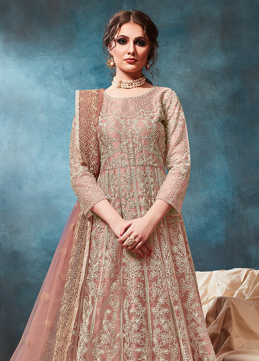 Peach Net Zari Thread Work Floor Length Anarkali Suit - Monjolika Fashion