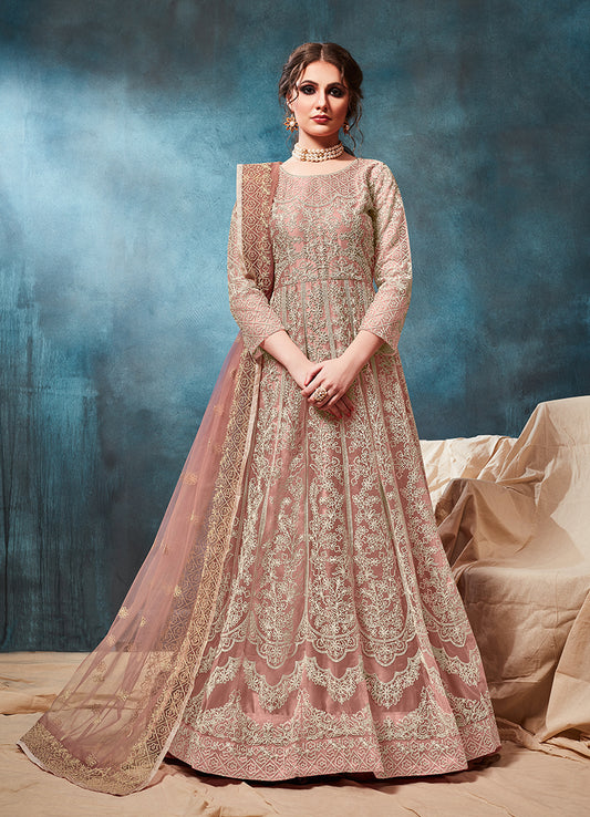 Peach Net Zari Thread Work Floor Length Anarkali Suit - Monjolika Fashion