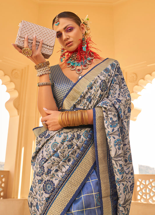 Gray Silk Saree with Floral & Geometric Prints