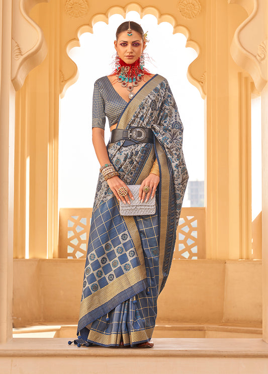 Gray Silk Saree with Floral & Geometric Prints