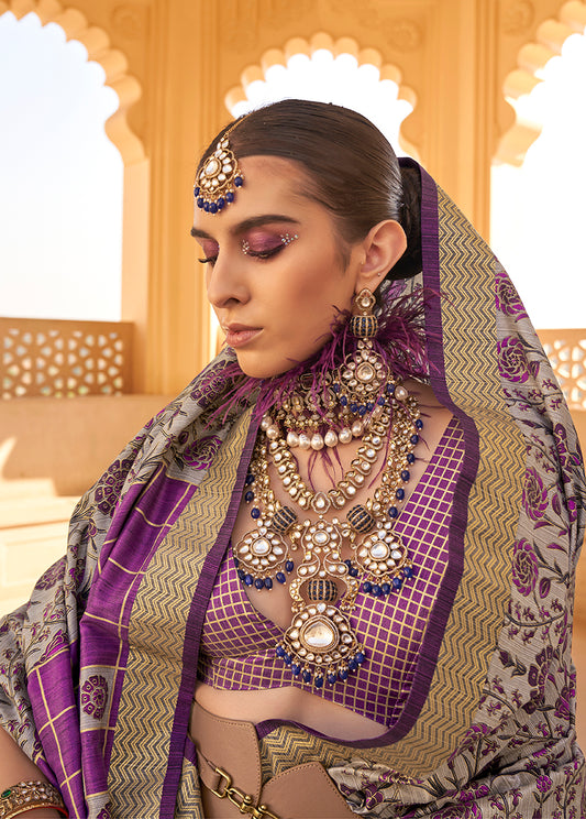 Purple Silk Saree with Floral & Geometric Prints
