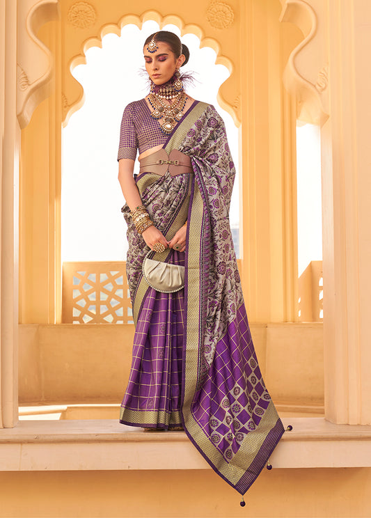 Purple Silk Saree with Floral & Geometric Prints