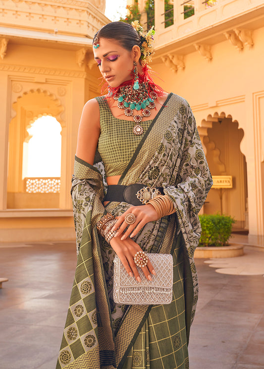 Mehendi Silk Saree with Floral & Geometric Prints