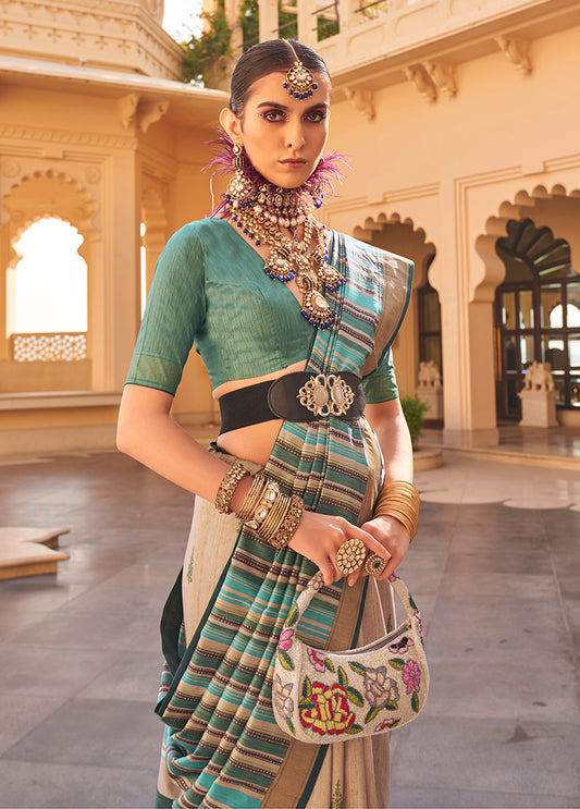 Turquoise Silk Geometric Prints Zari Weaving Saree