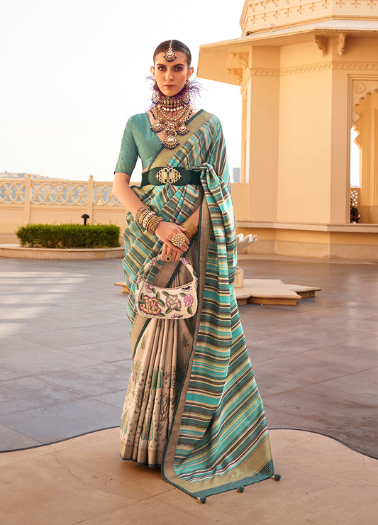Turquoise Silk Geometric Prints Zari Weaving Saree