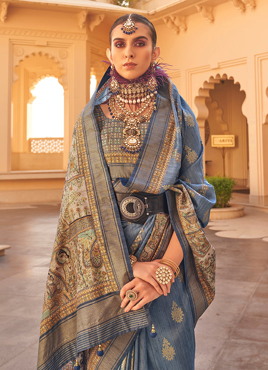 Light Blue Silk Traditional Print Zari Weaving Saree