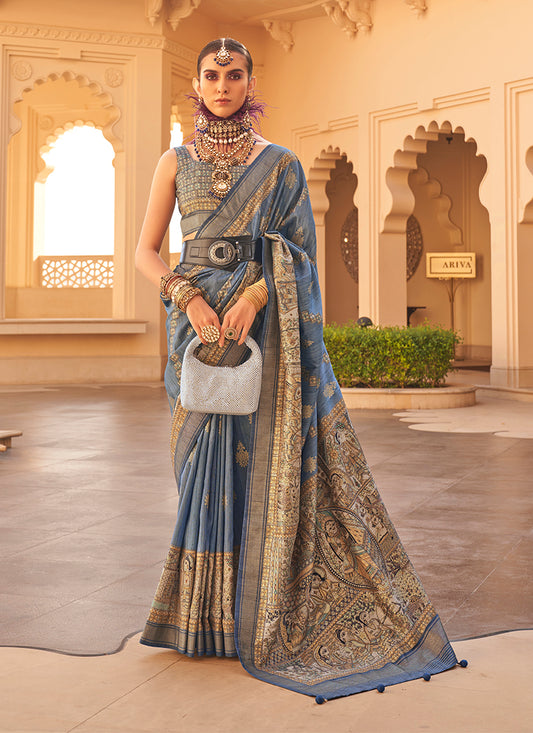 Light Blue Silk Traditional Print Zari Weaving Saree