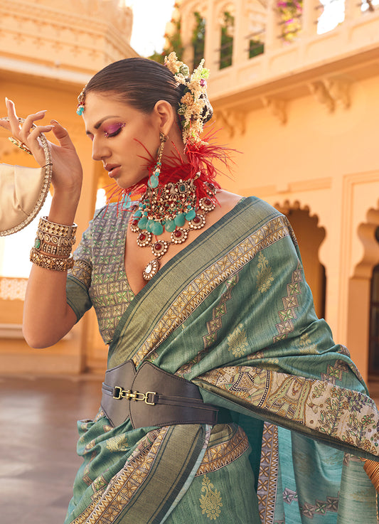 Light Teal Silk Traditional Print Zari Weaving Saree