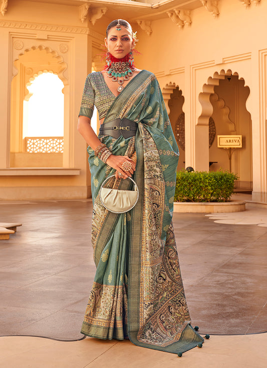 Light Teal Silk Traditional Print Zari Weaving Saree